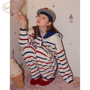 毛绒睡衣女士家居服套装 Gukoo 果壳半边绒睡衣条纹mikko舒适冬季