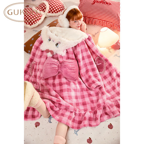 Gukoo/果壳玛丽猫睡袍甜美格纹冬季保暖加厚舒适家居服女士睡衣