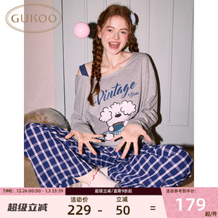 休闲舒适纯棉家居服套装 女士春秋睡衣卡通长袖 果壳25新款 Gukoo
