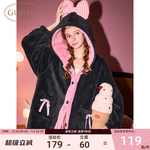 加厚珊瑚绒连帽舒适保暖甜酷女士家居服睡袍 冬季 Gukoo 果壳新款