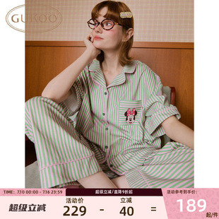 Gukoo/果壳睡衣26新款米奇家族翻领春条纹短袖女居家服套装可外穿