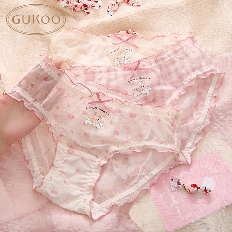Gukoo/果壳内裤女纯棉裆卡通印花三角裤少女甜美多件装组合
