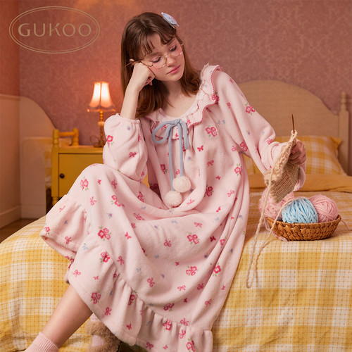Gukoo/果壳甜美风娃娃领碎花冬季睡裙女长袖荷叶边家居服可外穿