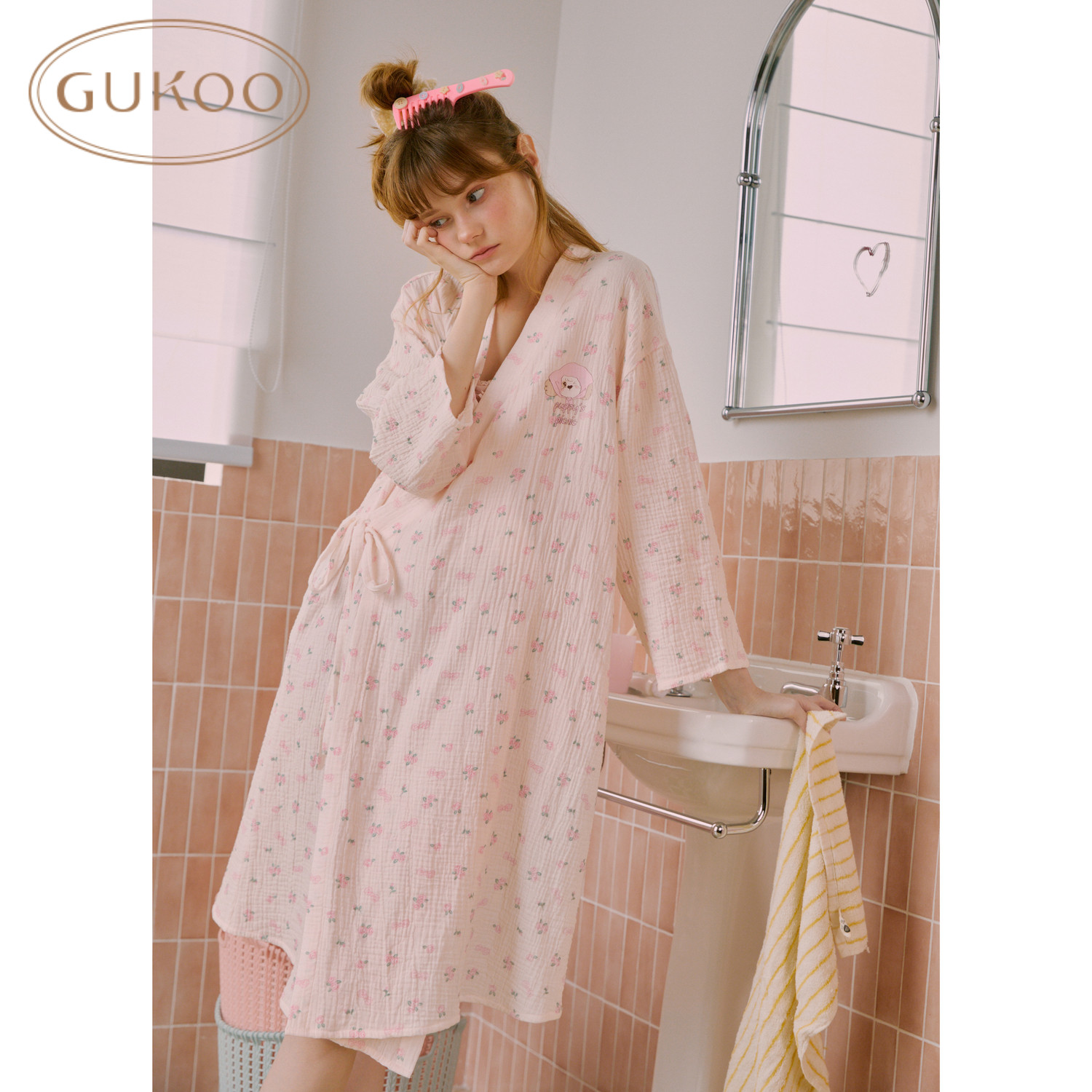 Gukoo/果壳浅粉碎花睡袍女春秋宽松系带长袖家居浴裙甜美居家睡裙