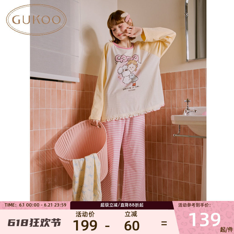 Gukoo/果壳春秋新款女睡衣卡通棉质圆领格纹长袖家居服可外穿
