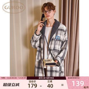 加绒珊瑚绒男士 冬季 家居服睡袍 果壳浴袍简约格纹基础男士 Gukoo