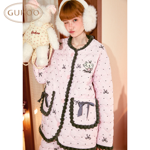 家居服保暖套装 夹棉蝴蝶结玛丽猫卡通开衫 果壳睡衣女冬季 Gukoo