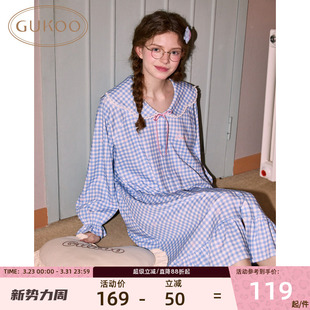 春秋格纹舒适女士家居服睡裙可外穿 长袖 Gukoo 果壳新款