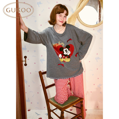 Gukoo/果壳睡衣女秋季长裤米奇卡通纯棉长袖家居服套装可爱风