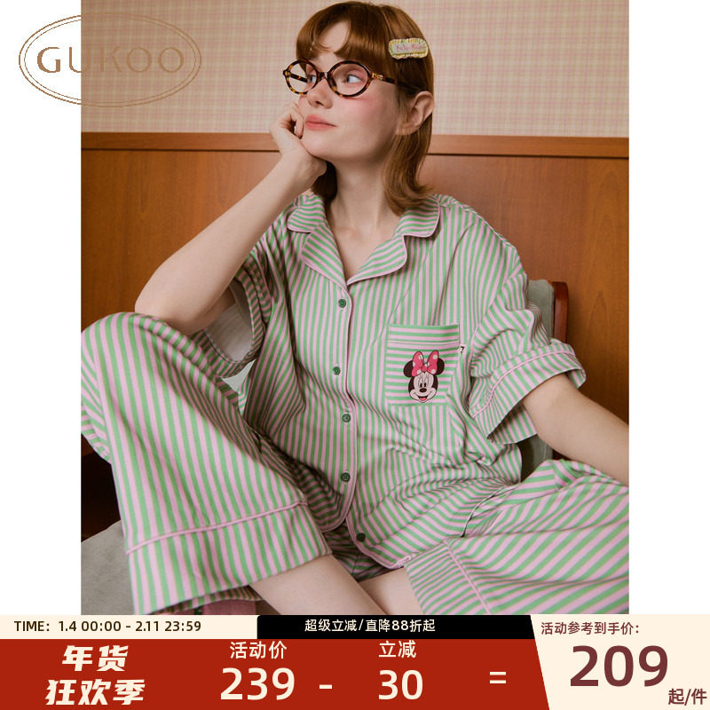 Gukoo/果壳睡衣新款米奇家族翻领春条纹短袖女居家服套装可外穿,女士内衣/男士内衣/家居服,睡衣/家居服套装,淘宝优惠券,粉丝福利购,淘宝优惠卷