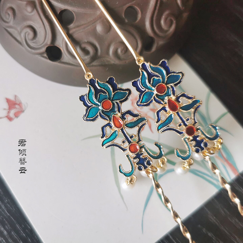 簪子烧蓝仿点翠挖耳簪发簪汉服头饰古风古代饰品明清珍珠螺旋簪杆