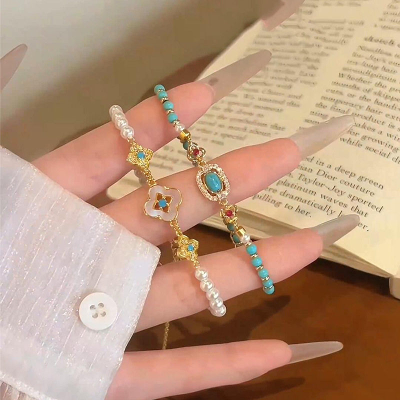 新中式仿绿松石串珠单圈手链叠戴金属花朵手链百搭首饰女款时尚风