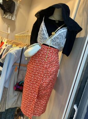 赚足回头率吧～很洋气的红色韩国高腰显瘦女人味碎花半身裙中长裙