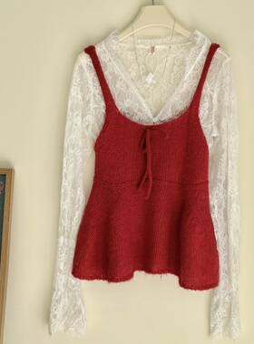 红色毛线吊带~甜美宽松下摆韩版叠穿背心毛衣女