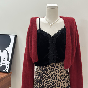 超漂亮的红色~软糯女人味纯色毛衣短款长袖宽松洋气针织衫现货