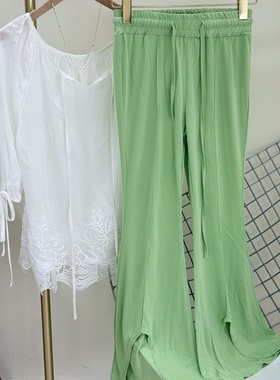 特价绿色长裤四季青韩版ins洋气松紧腰微喇开叉纯色薄款休闲裤