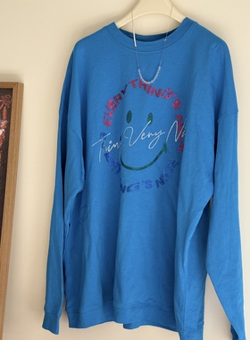 特价清仓韩系笑脸烫钻圆领长袖蓝色T恤女宽松显瘦休闲上衣