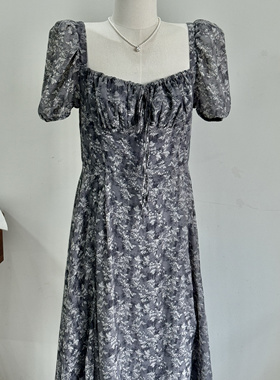 特价韩国ins风复古碎花方领短袖连衣裙女收腰显瘦百搭中长款裙子