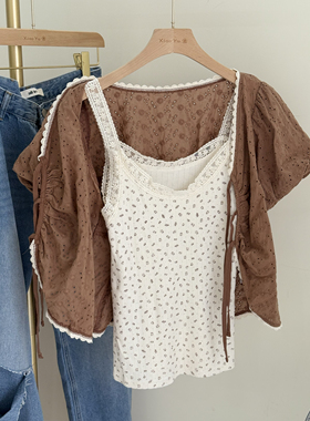 特价~韩国货法式复古百搭白色小碎花蕾丝花边弹力吊带背心