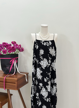 特价四季青复古水墨印花吊带裙慵懒度假风宽松褶皱连衣裙长裙