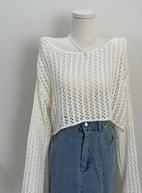 新品圆领净色百搭镂空编织性感长袖针织衫女套头罩衫洋气现货实拍