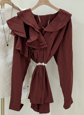 特价四季青韩版酒红色荷叶领设计感宽松大版长袖衬衫女实拍