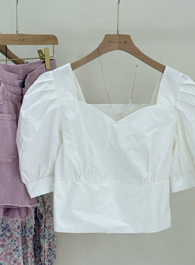 特价四季青韩版ins风洋气方领泡泡袖白色衬衫设计感小众短款上衣