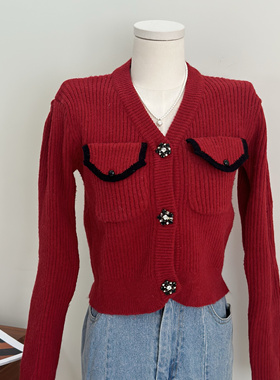 特价清仓~小香风V领针织衫开衫单排扣气质短款红色毛衣女