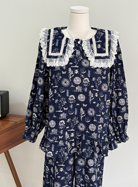 韩系新款纯清新甜美小碎花蕾丝拼接娃娃领长袖长裤睡衣家居服套装