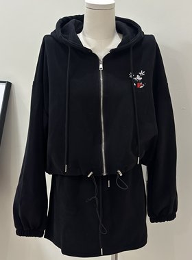 特价清仓~黑色拉链长袖连帽卫衣宽松显瘦运动套装松紧腰短裙