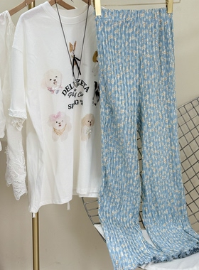 特价 四季青蓝色高腰显瘦碎花褶皱休闲裤百搭阔腿裤