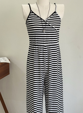 特价清仓韩国ins风黑白条纹吊带连体裤女宽松显瘦百搭上衣女