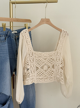 特价~复古度假风宽松显瘦衬衣镂空搭方领上衣短款长袖雪纺衫女