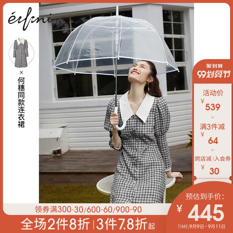 何穗同款伊芙丽泡泡袖连衣裙2020年新款春秋装收腰显瘦气质格子裙