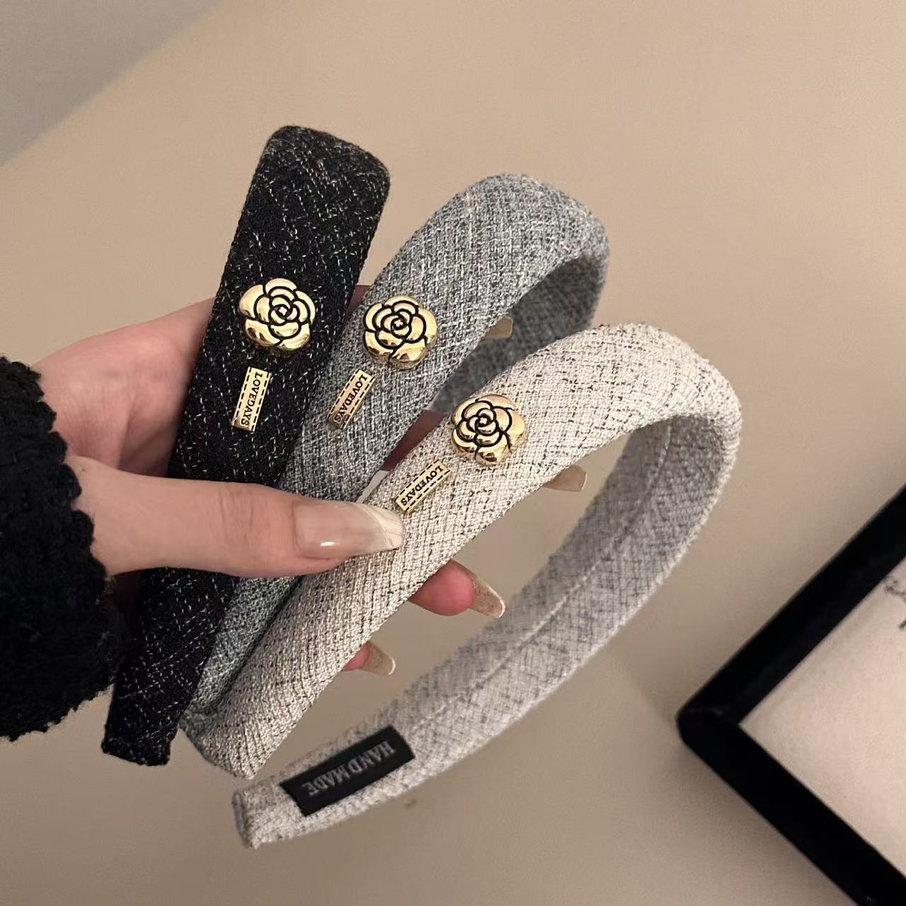 美出高级复古山茶花发夹金线海绵发箍女高颅韩式发箍压香风发卡