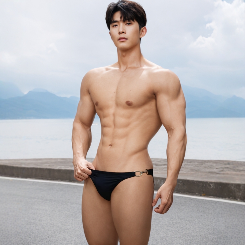 单边金属扣男士纯色三角泳裤