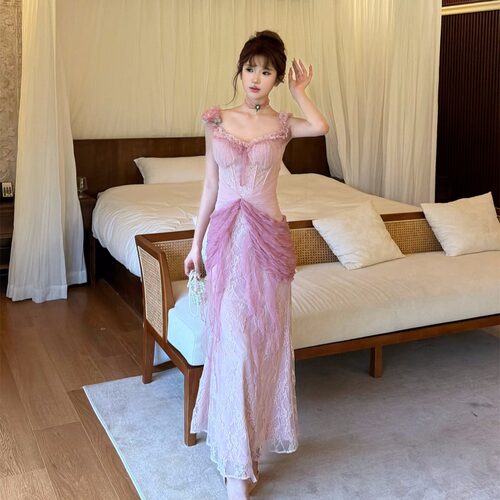 法式轻纱粉色仙女连衣裙度假