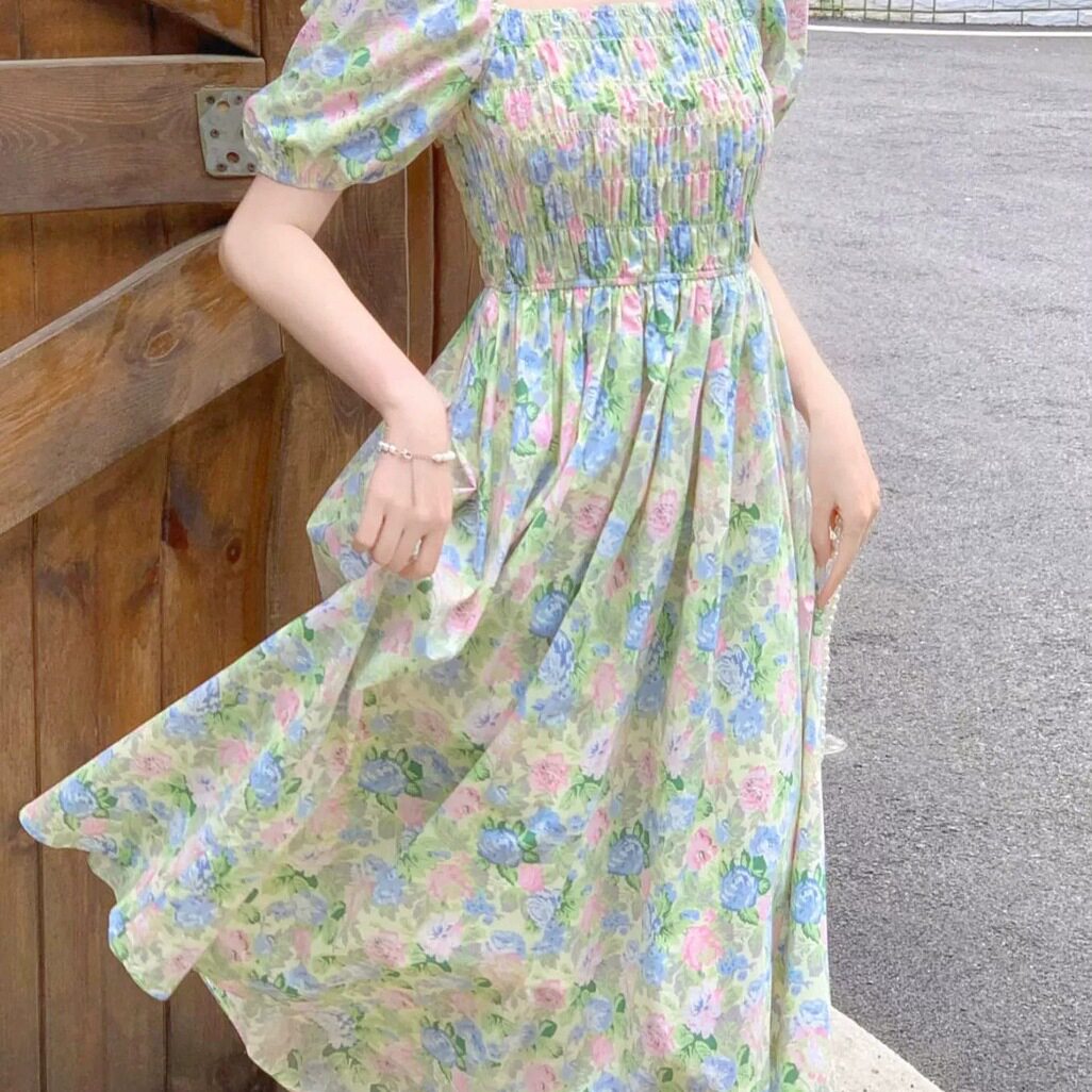 EZ森系温柔风气质碎花连衣裙夏新款收腰遮肉遮肚显瘦中长裙子女