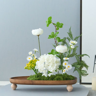 新中式假绿植木制托盘白色系仿真花客厅展厅玄关办公室装饰品摆件