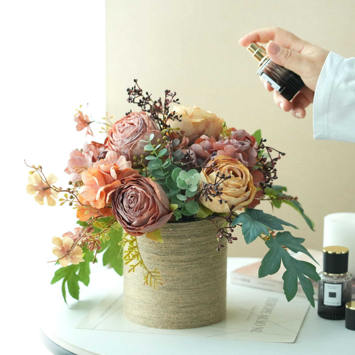 已陌油画风烤边玫瑰香薰仿真花假花桌面复古摆件客厅餐桌花艺装饰