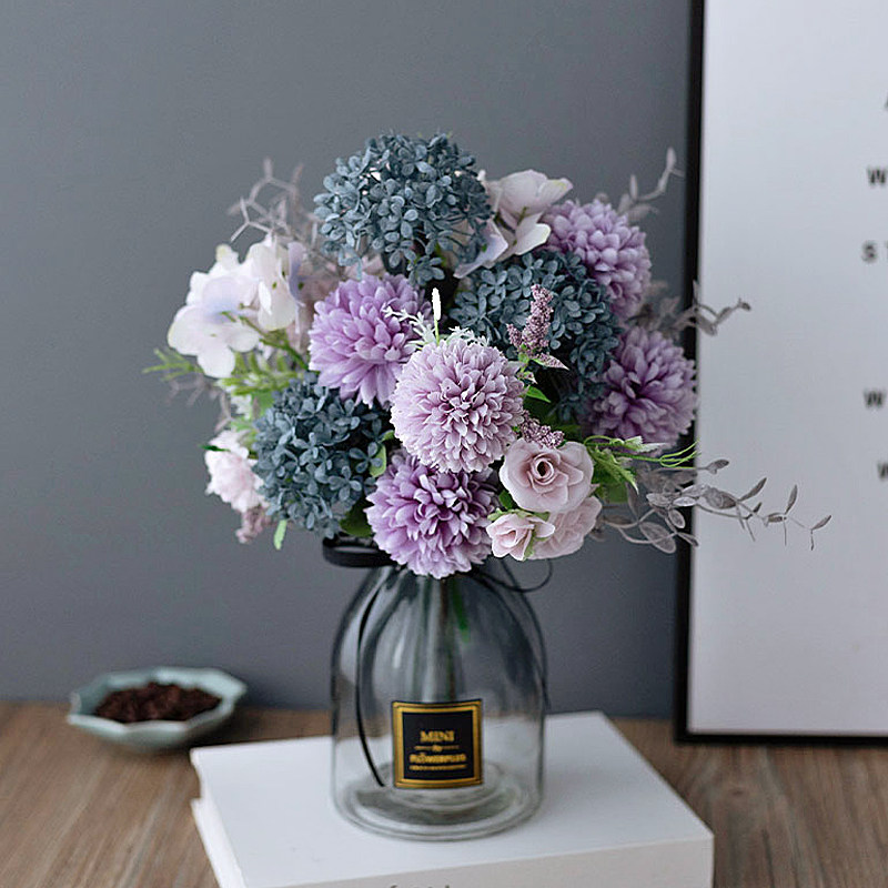 北欧仿真忧郁紫绣球花保湿花艺客厅装饰摆件花束餐桌透明玻璃花瓶