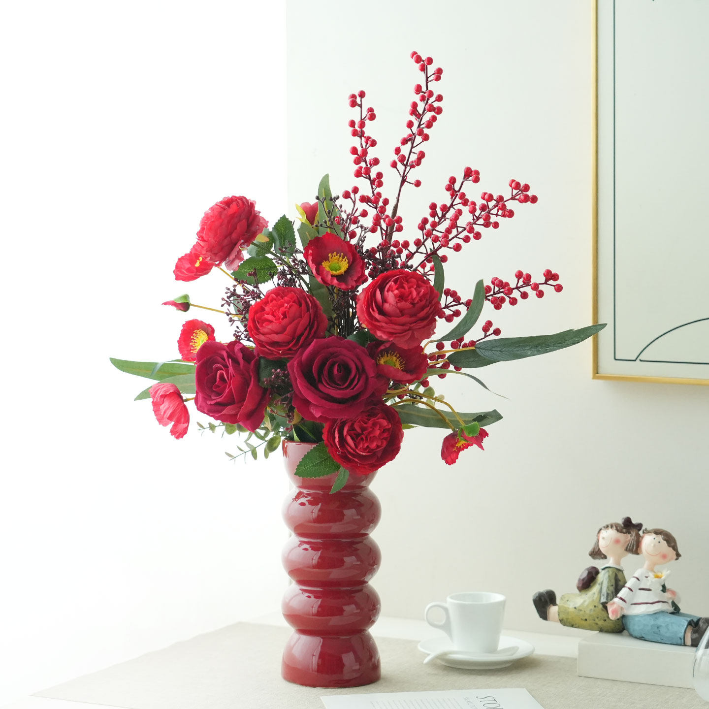 已陌新中式红色仿真花假花乔迁新年客厅电视柜台装饰摆件