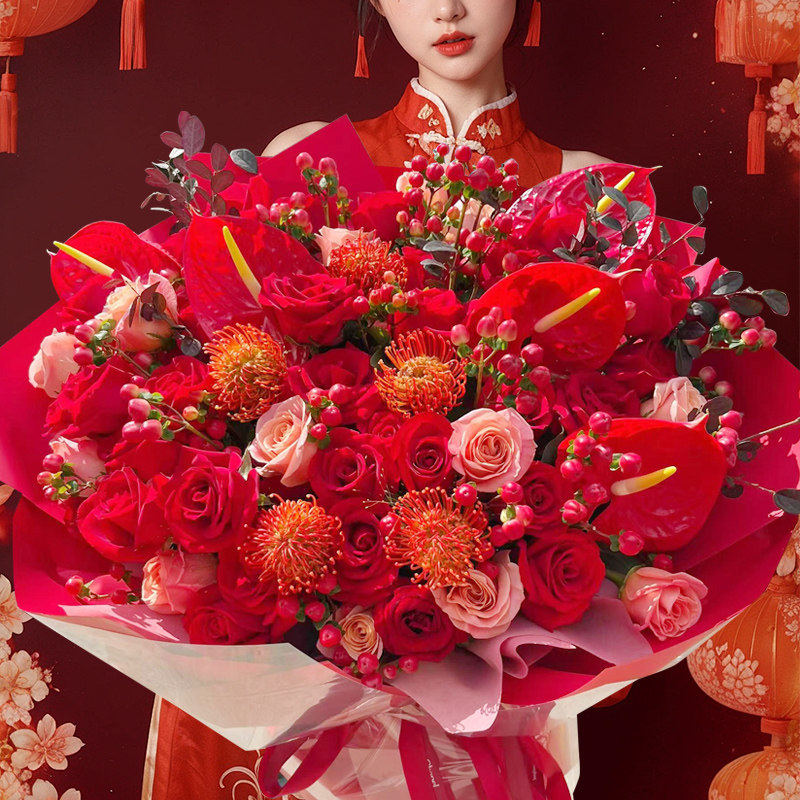 新年红色玫瑰百合康乃馨花束鲜花速递同城北京杭州上海花店送长辈