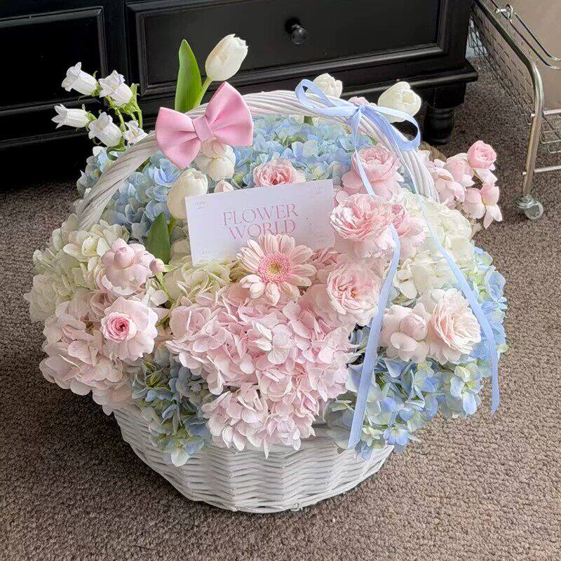 超大手提花篮绣球康乃馨玫瑰花束混搭生日鲜花同城速递配送花店