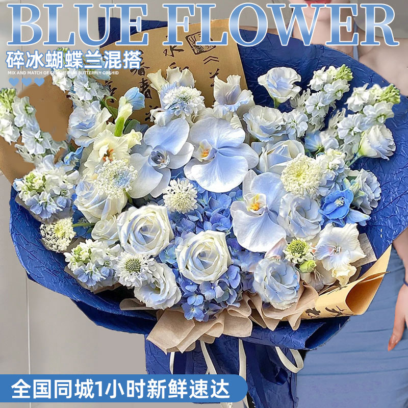 蓝色系蝴蝶兰绣球混搭碎冰蓝玫瑰花束配送生日鲜花速递同城深圳店