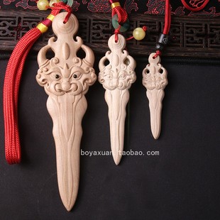 桃木剑睚眦剑手把件挂件钥匙扣项链款原木整料雕刻工艺