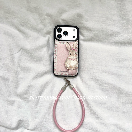 ins风粉色碎花兔子腕带手机壳