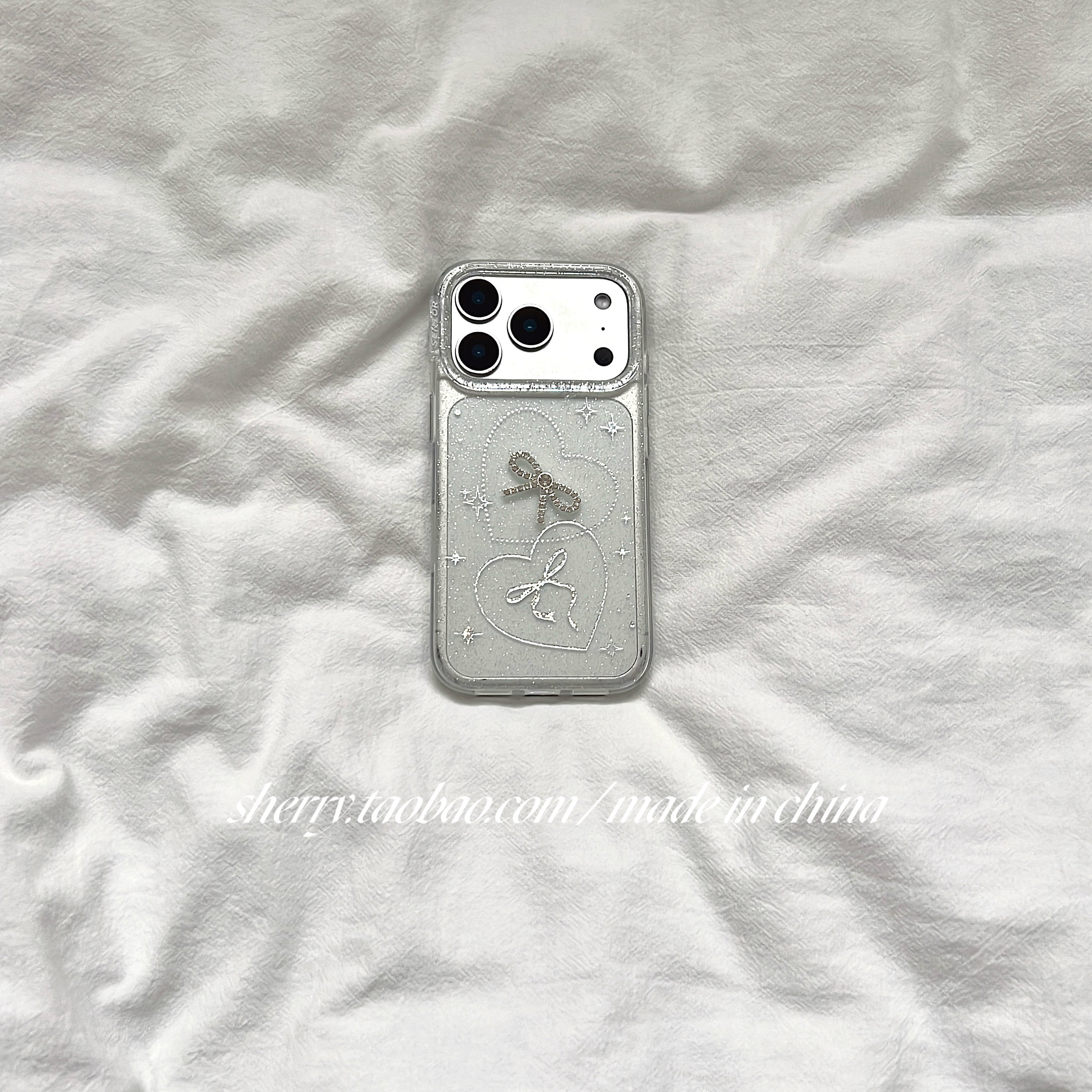 SHERRY*ins风温柔透明细闪爱心水钻蝴蝶结适用于苹果17ProMax手机壳iPhone16Pro小众少女心15简约14清新高级