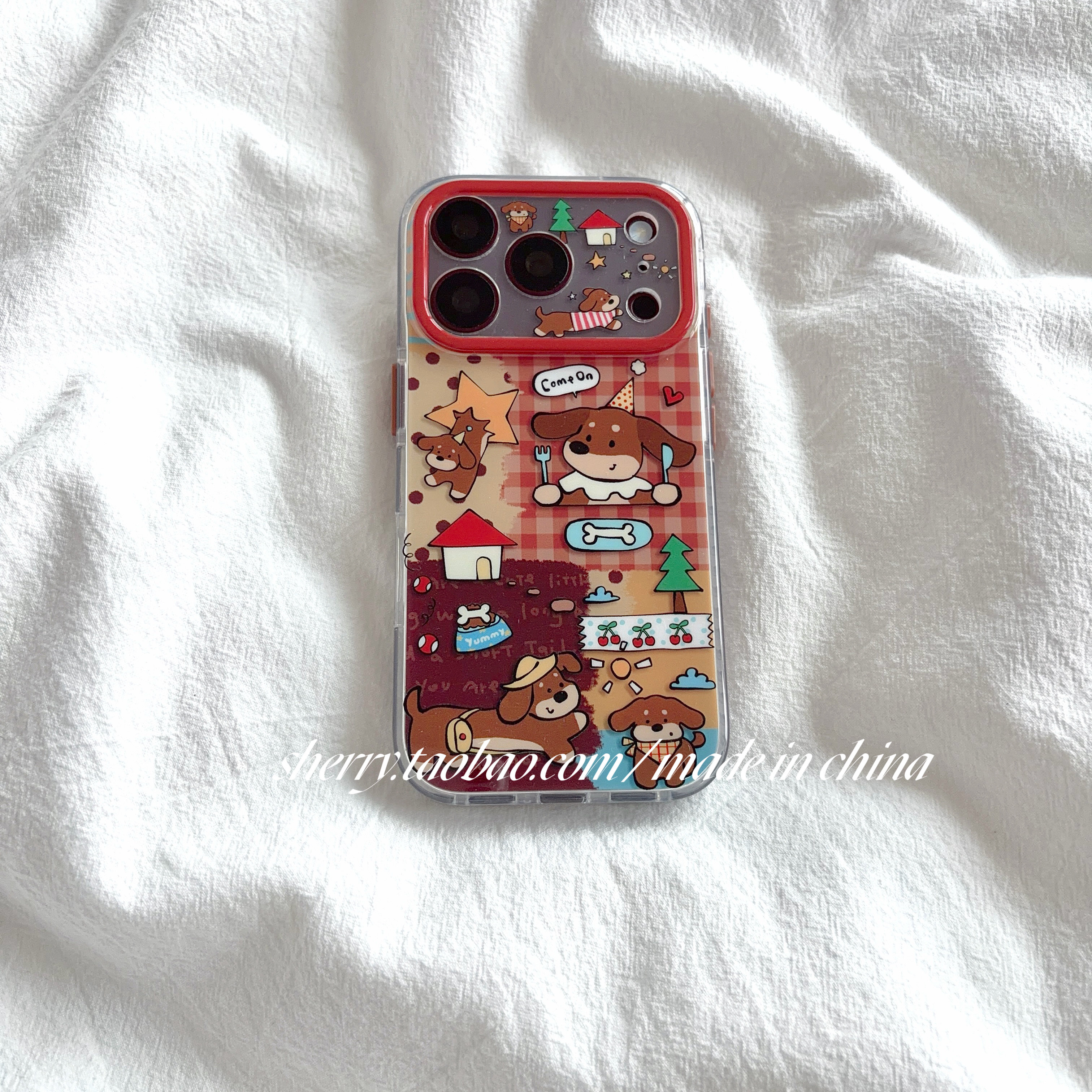 SHERRY*ins风秋冬复古棕红格纹餐具狗狗适用于苹果18ProMax手机壳iPhone17Pro小众少女心16简约15卡通可爱萌