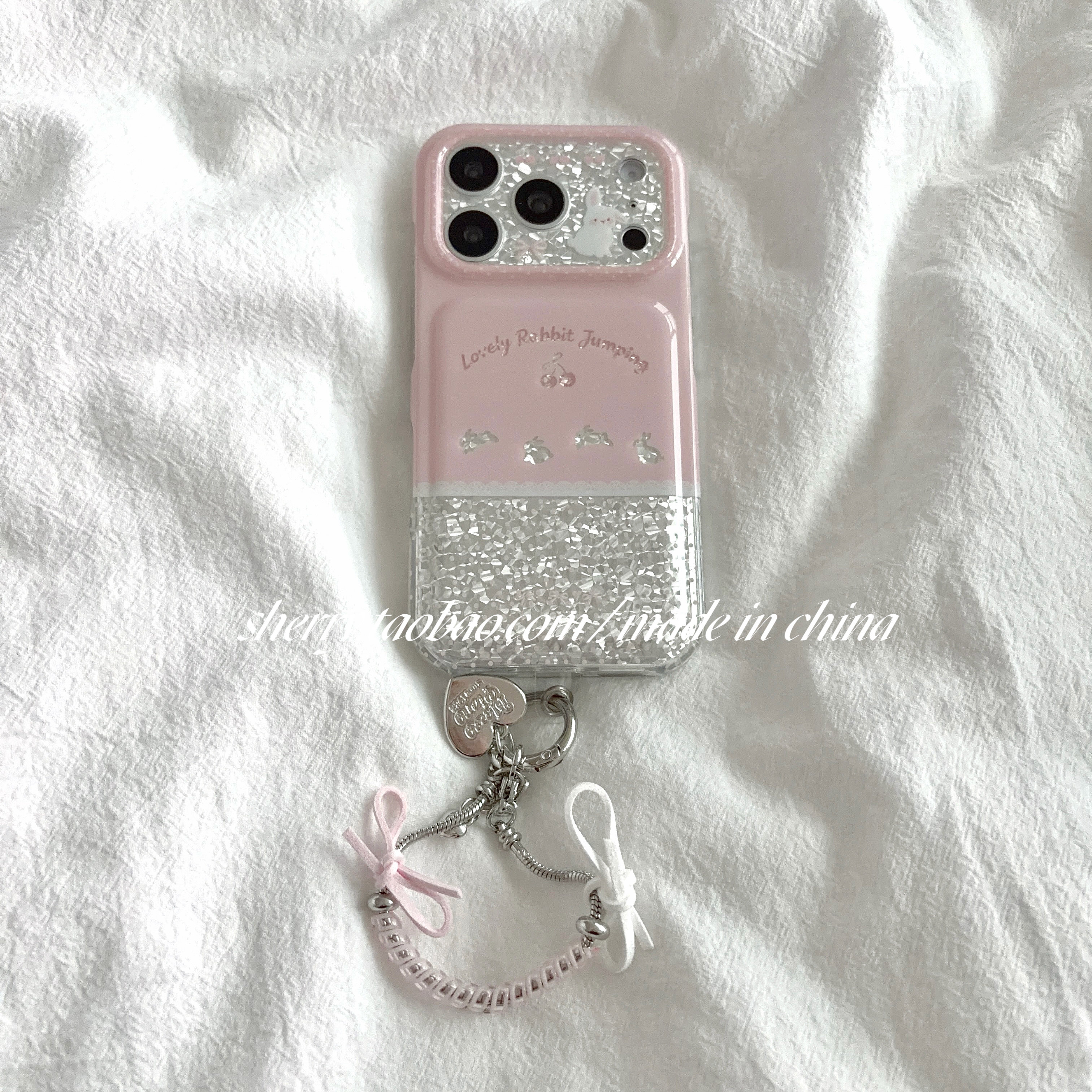 SHERRY*ins风粉色拼接银闪钻兔子樱桃适用于苹果18ProMax手机壳iPhone17Pro小众少女心16简约清新15卡通可爱